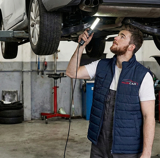 Hubicar monteur inspecteert auto